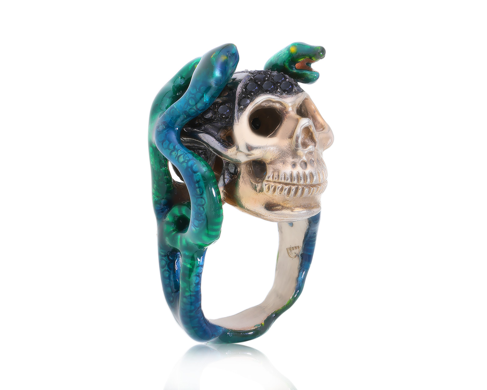 Оригинальное золотое кольцо Delfina Delettrez Skull Enamel Snakes