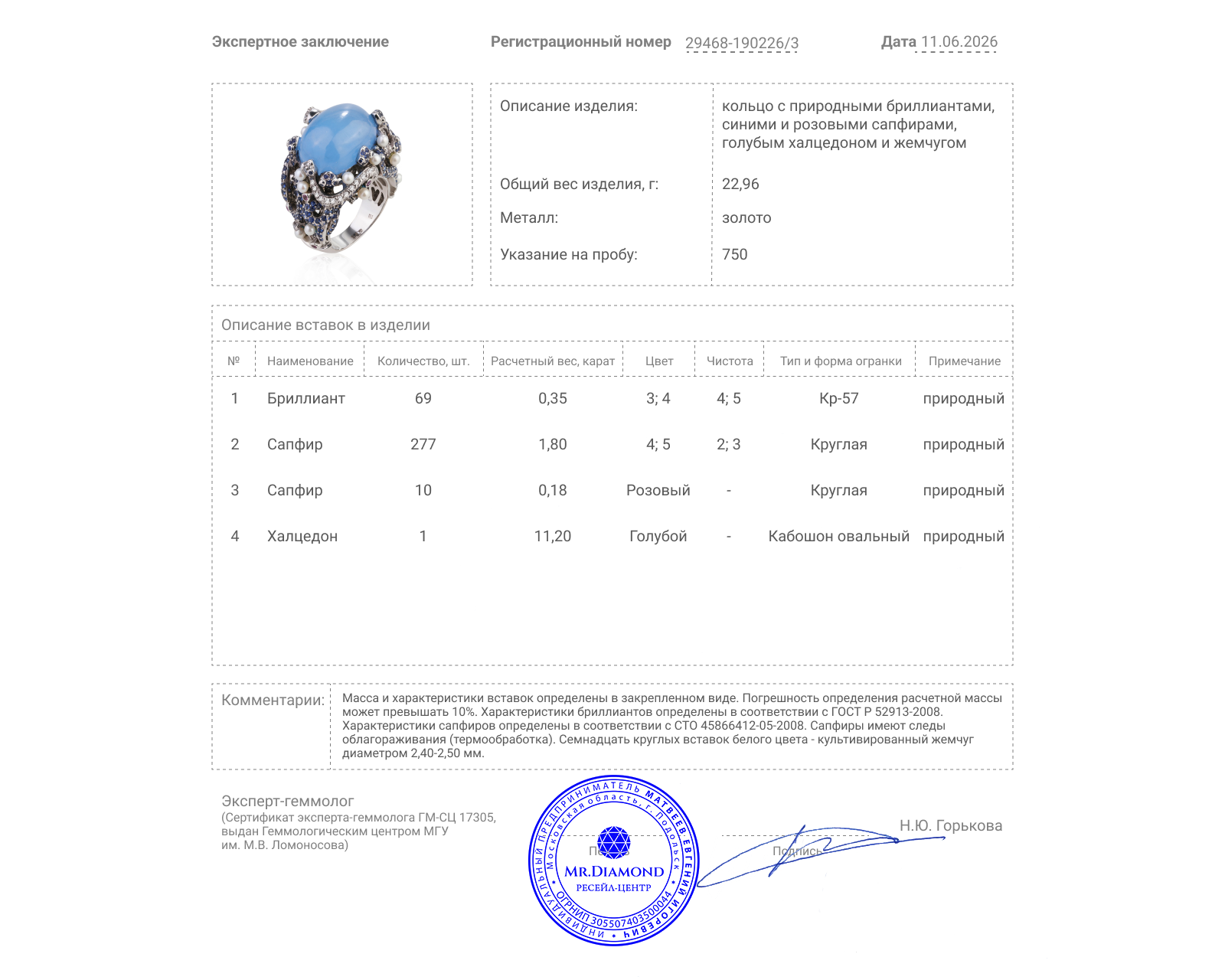 Золотое кольцо с халцедоном 11.20ct и сапфирами 1.98ct