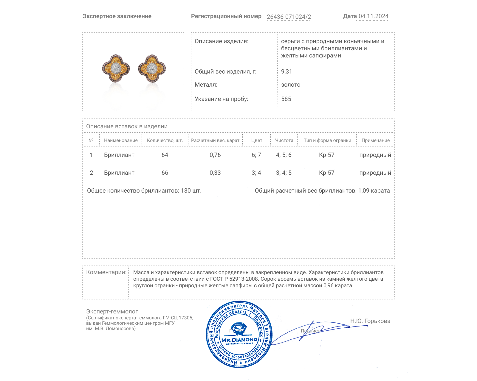 Золотые серьги с сапфирами 0.96ct и бриллиантами 1.09ct