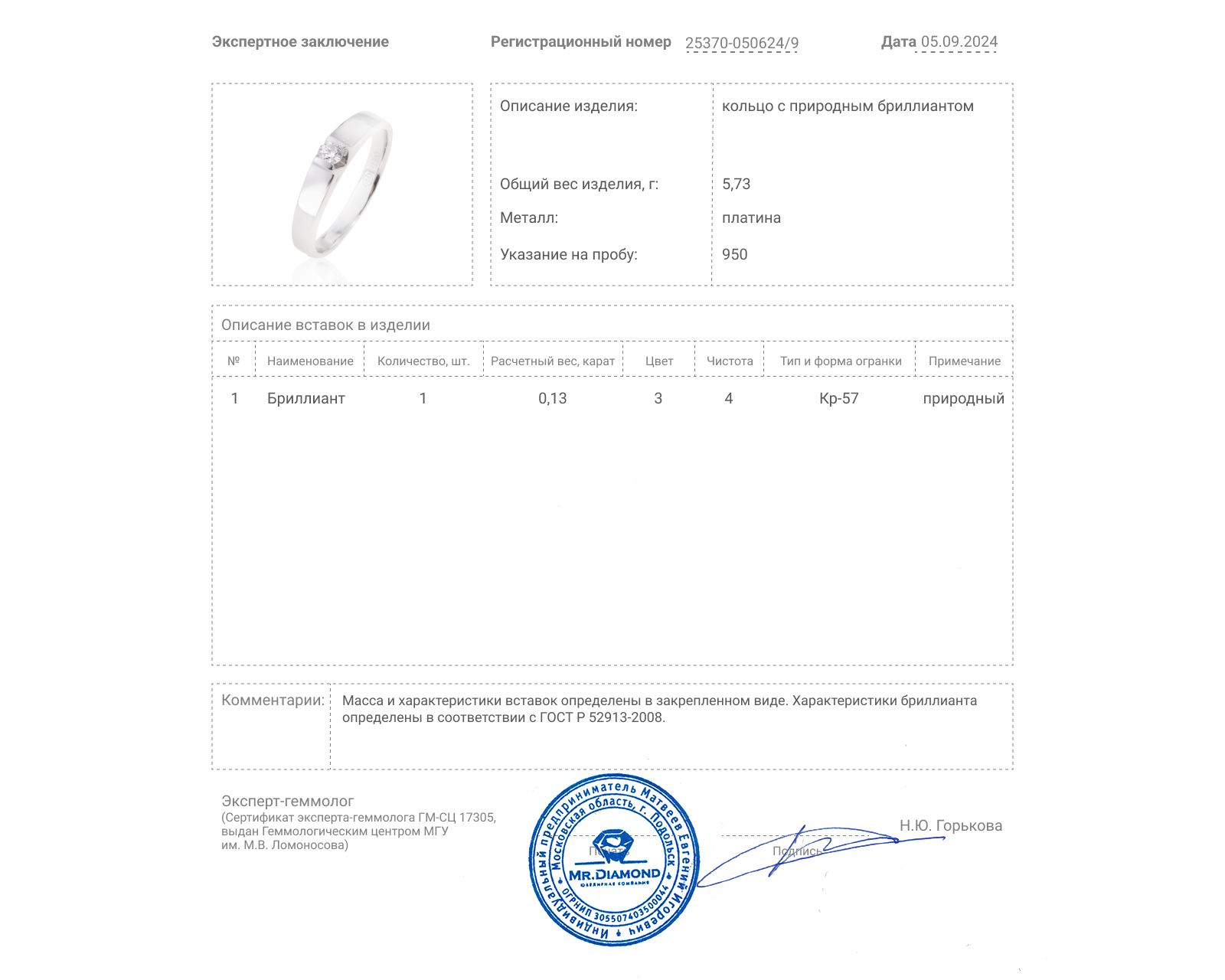 Платиновое кольцо с бриллиантом 0.13ct