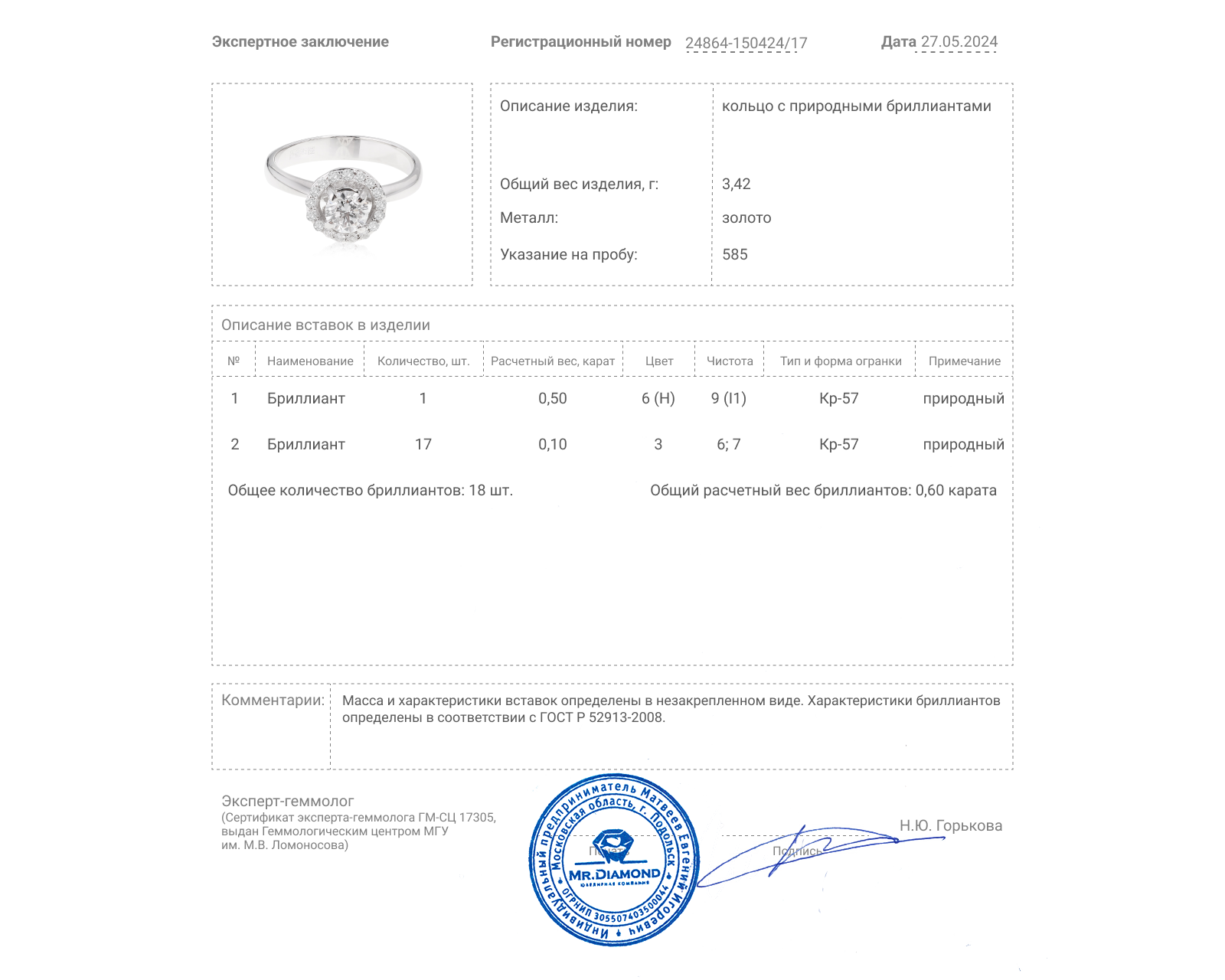 Золотое кольцо с бриллиантами 0.60ct