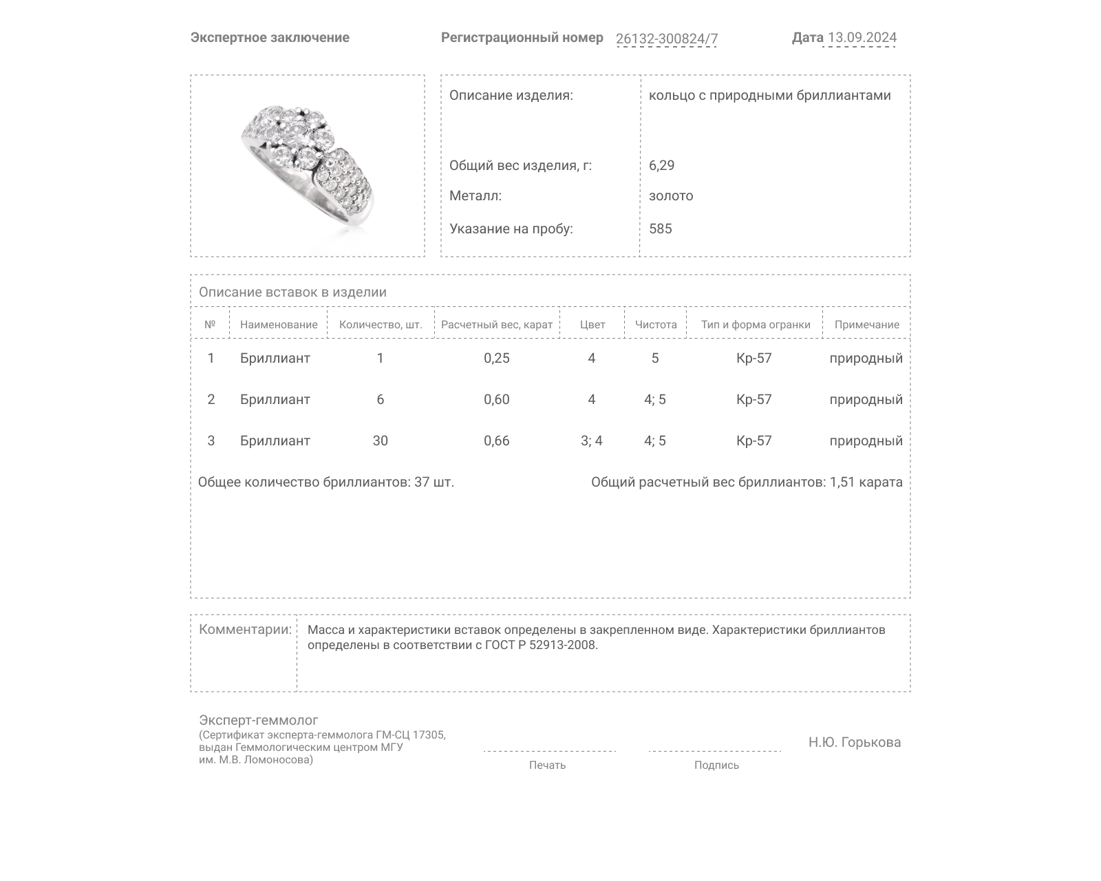 Золотое кольцо с бриллиантами 1.51ct