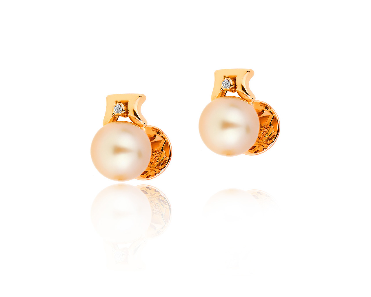 Красивые золотые серьги с жемчугом 11.50 мм. и бриллиантами 0.05ct 270619/2