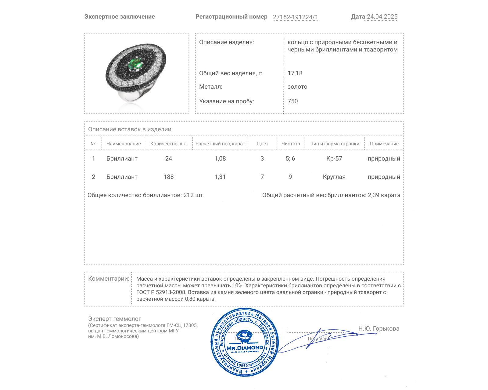 Золотое кольцо с тсаворитом 0.80ct и бриллиантами 2.39ct