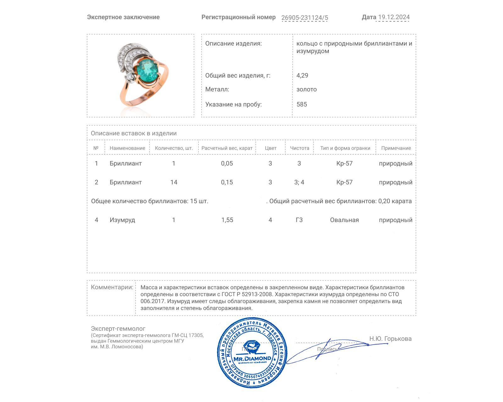 Золотое кольцо с изумрудом 1.55ct и бриллиантами 0.20ct