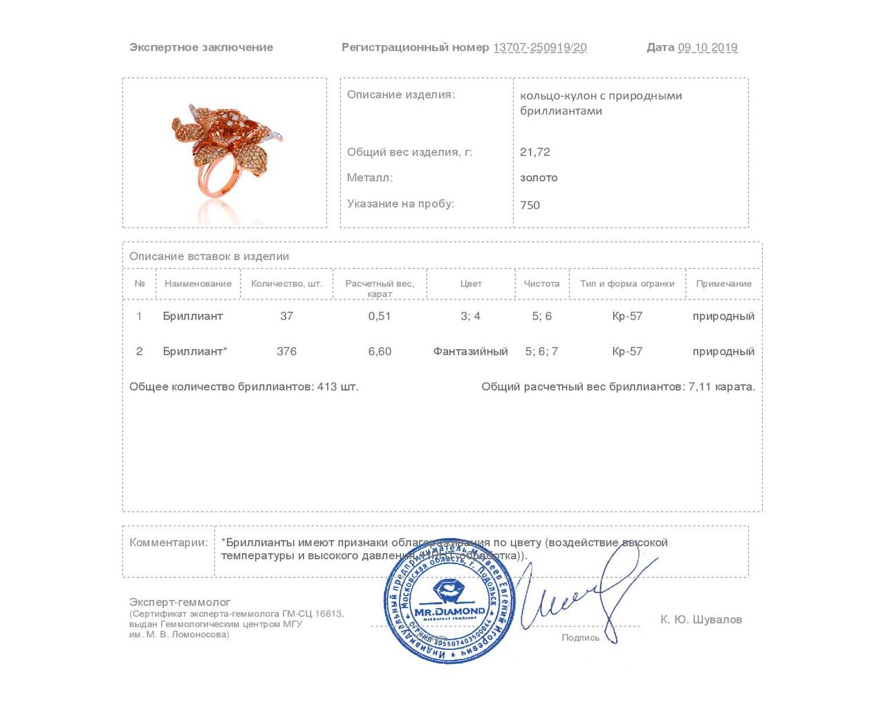 Нарядное золотое кольцо-кулон с бриллиантами 7.11ct