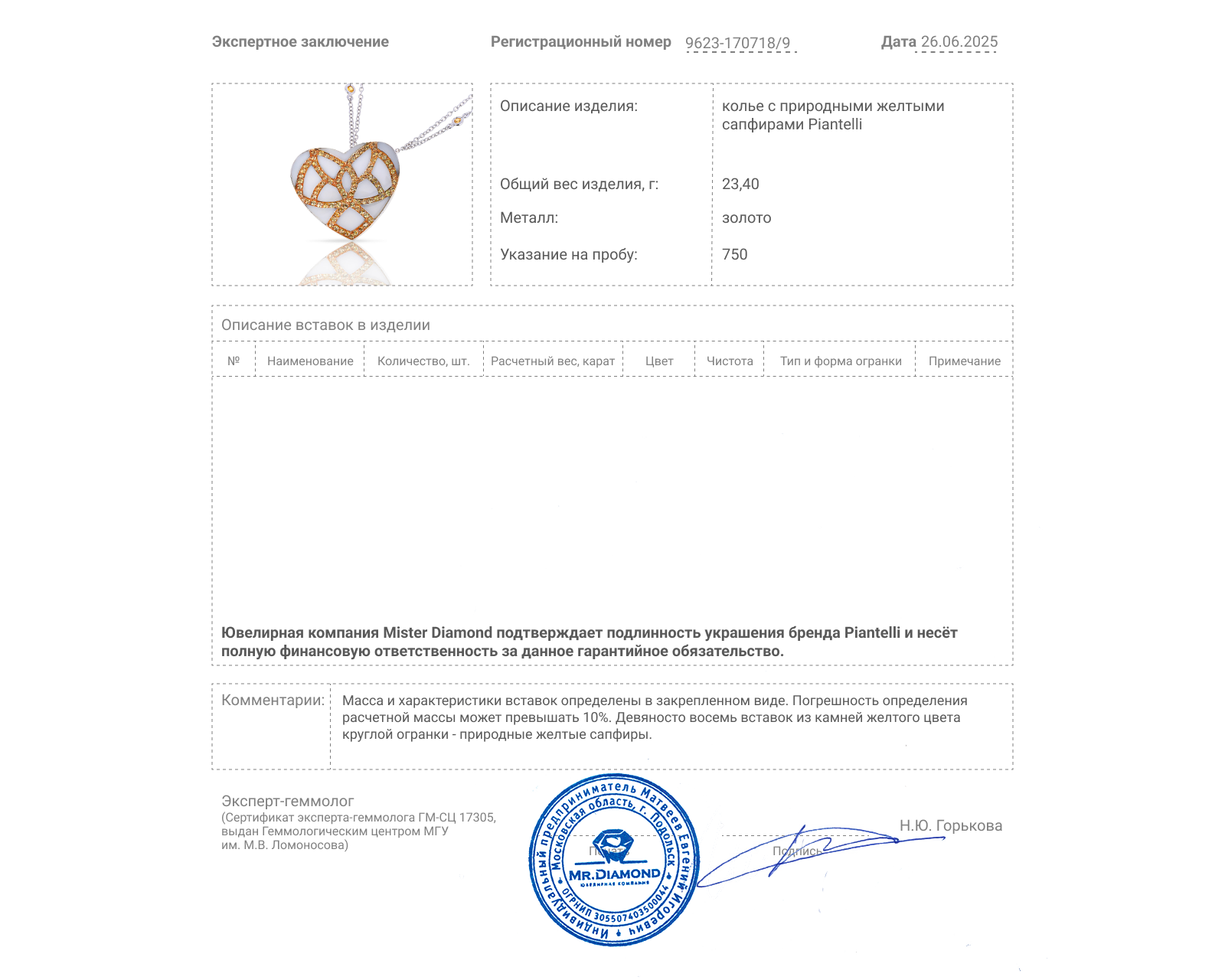 Золотое колье с желтыми сапфирами Piantelli