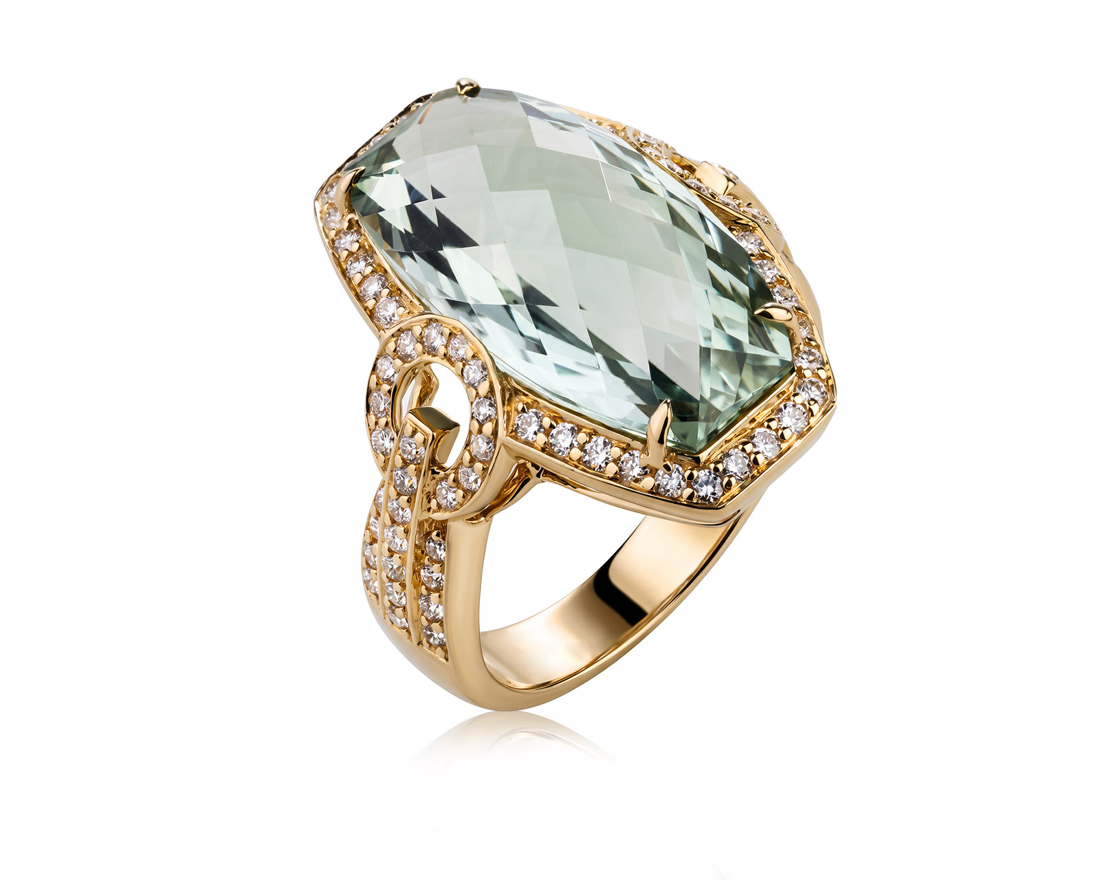 Золотое кольцо с празиолитом 12.47ct и бриллиантами 0.83ct