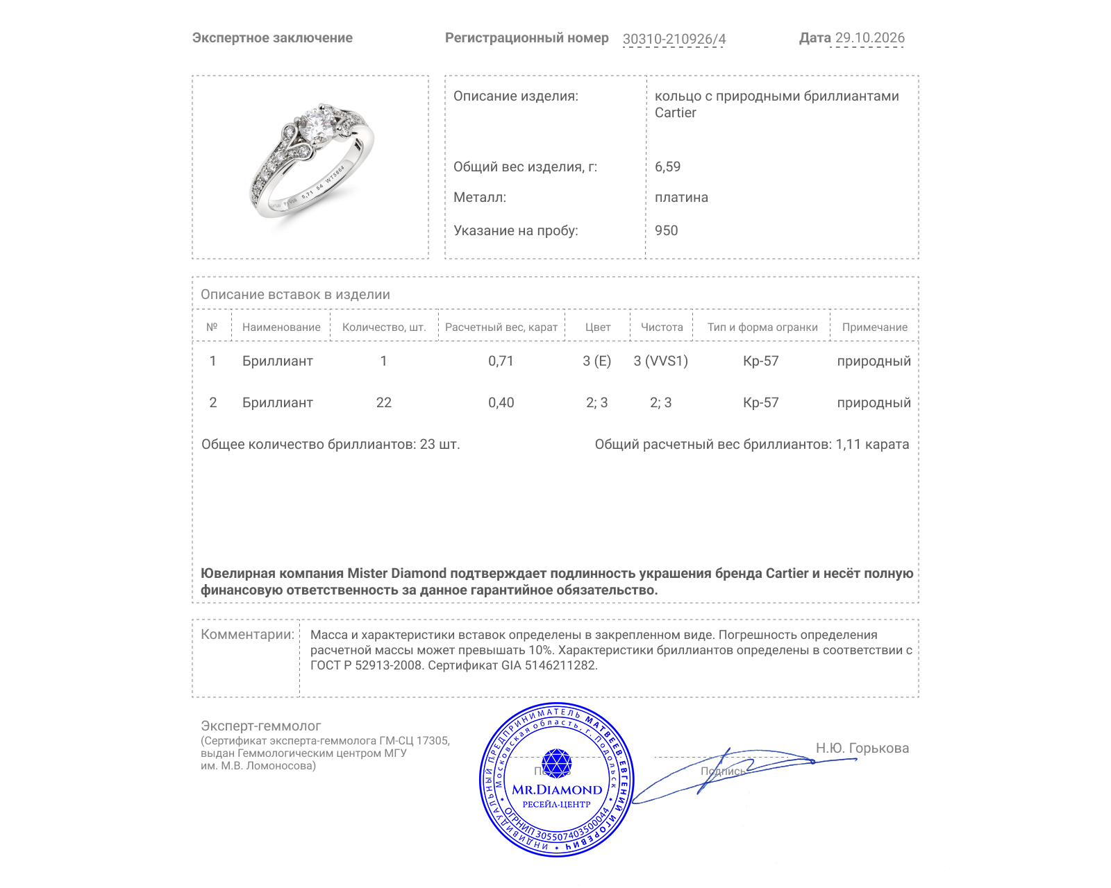 Оригинальное платиновое кольцо с бриллиантами 1.11ct Cartier Ballerine