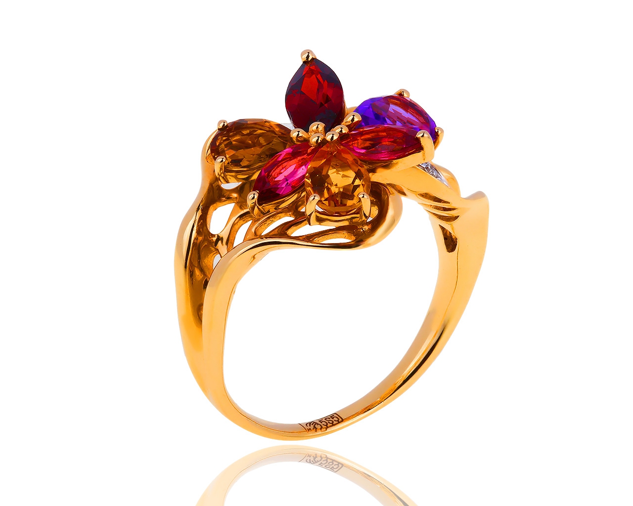 Золотое кольцо с цветными камнями и бриллиантами 0.04ct