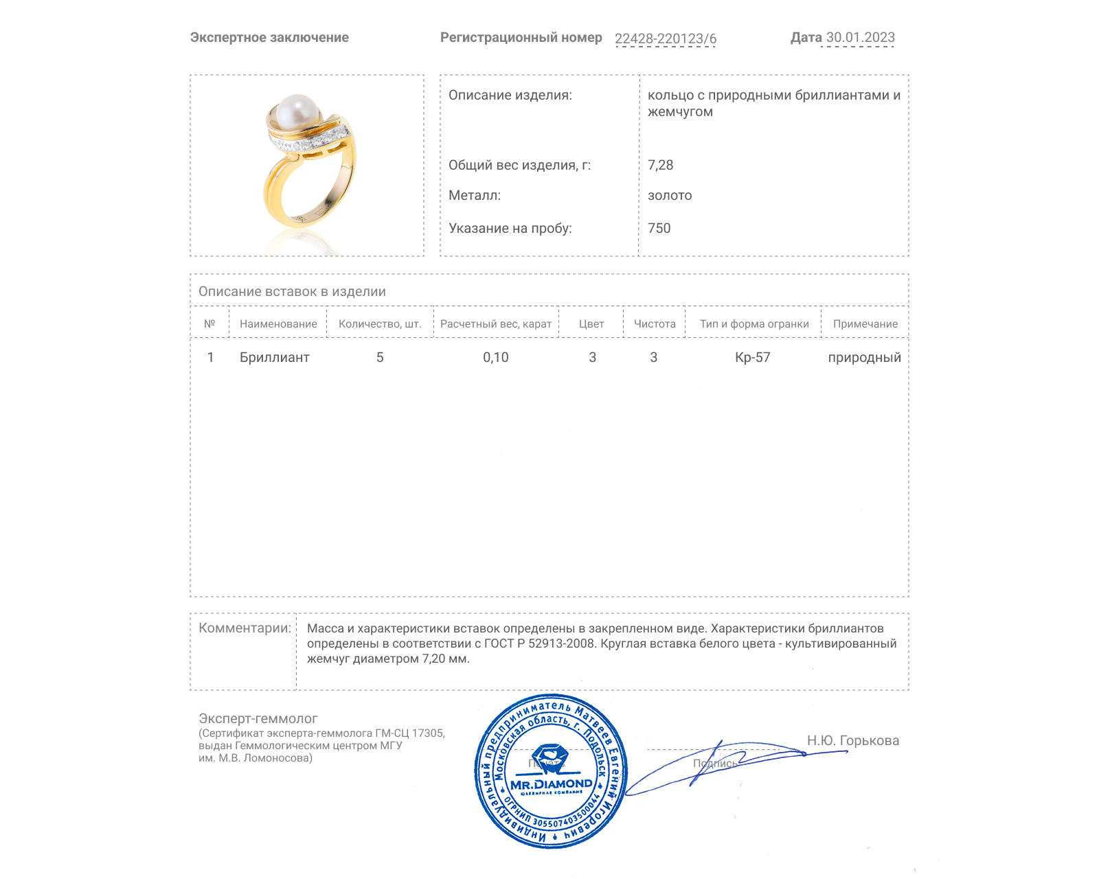 Женственное золотое кольцо с жемчугом 7.20 мм