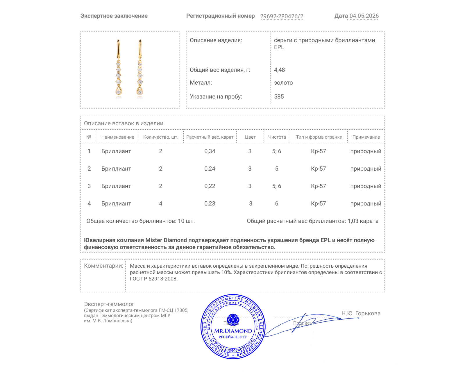 Оригинальные золотые серьги с бриллиантами 1.03ct EPL