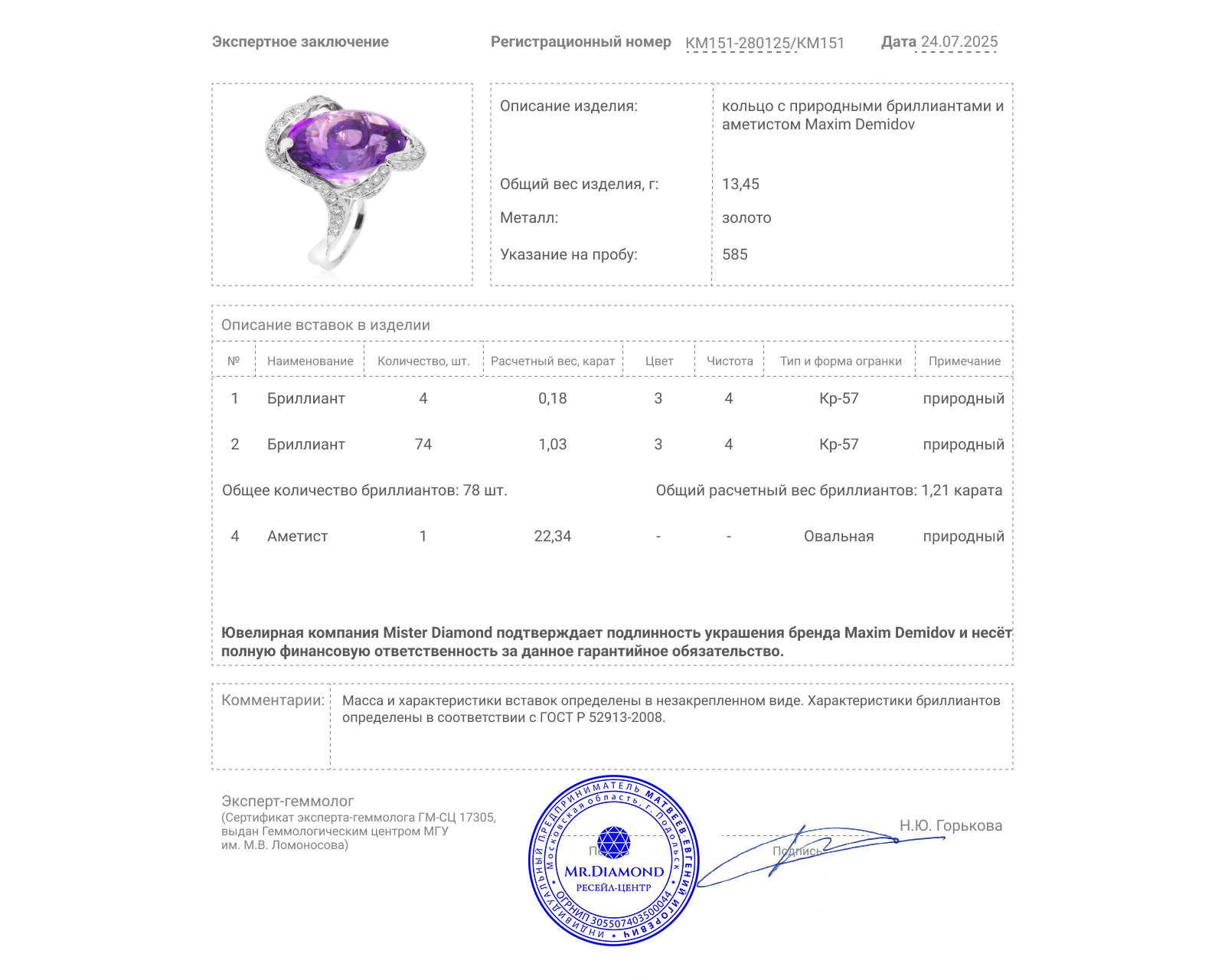 Оригинальное золотое кольцо с аметистом 22.34ct Maxim Demidov