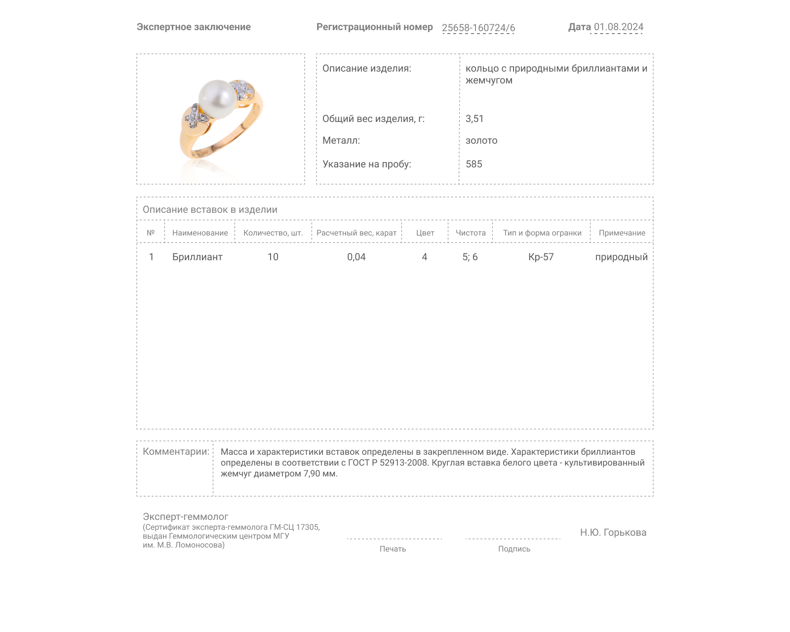 Золотое кольцо с жемчугом 7.90 мм и бриллиантами 0.04ct