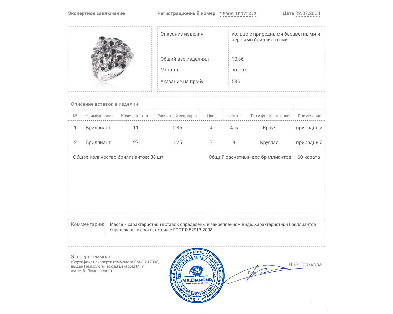 Золотое кольцо с бриллиантами 1.60ct