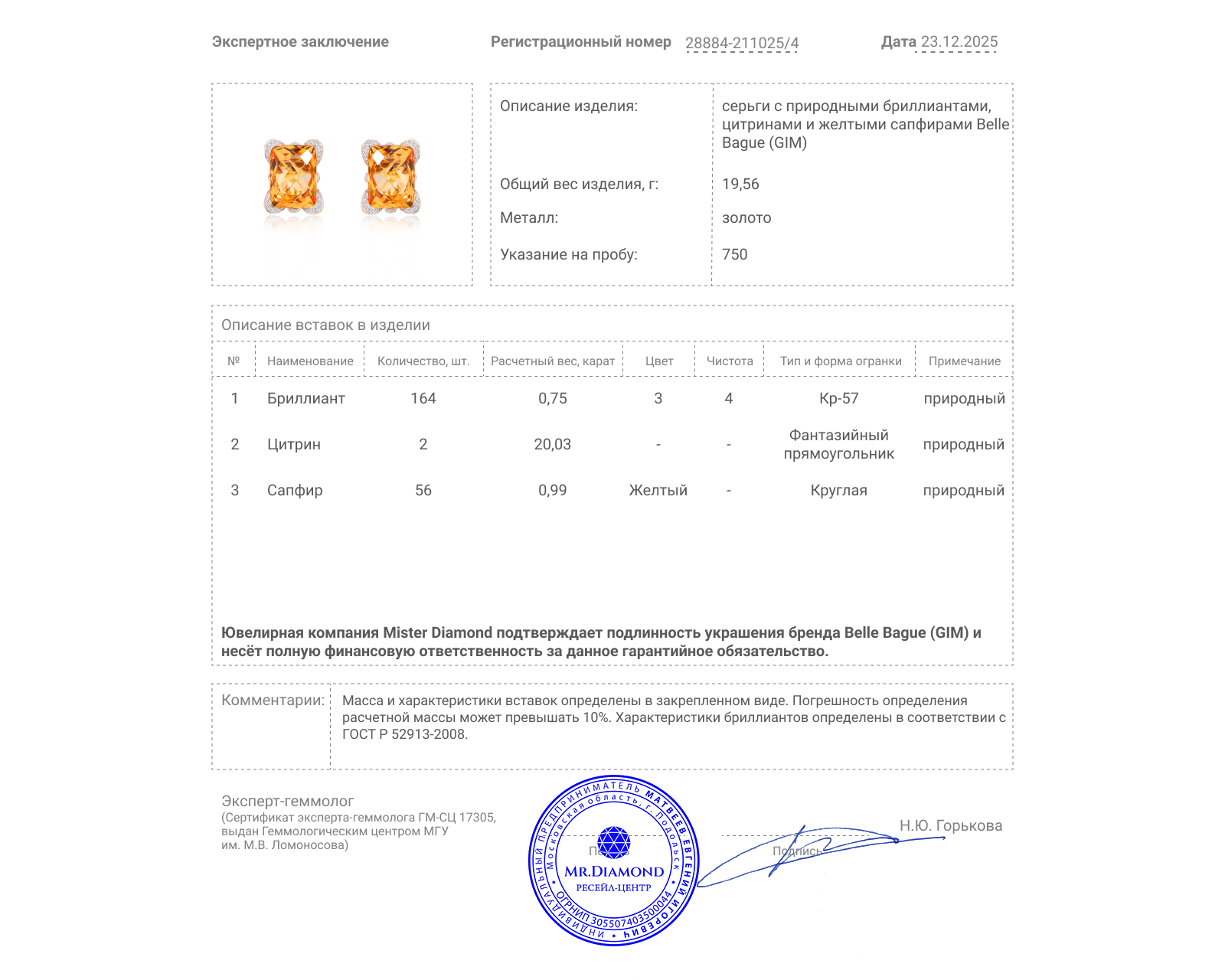 Оригинальные золотые серьги с цитринами 20.03ct Belle Bague (GIM)