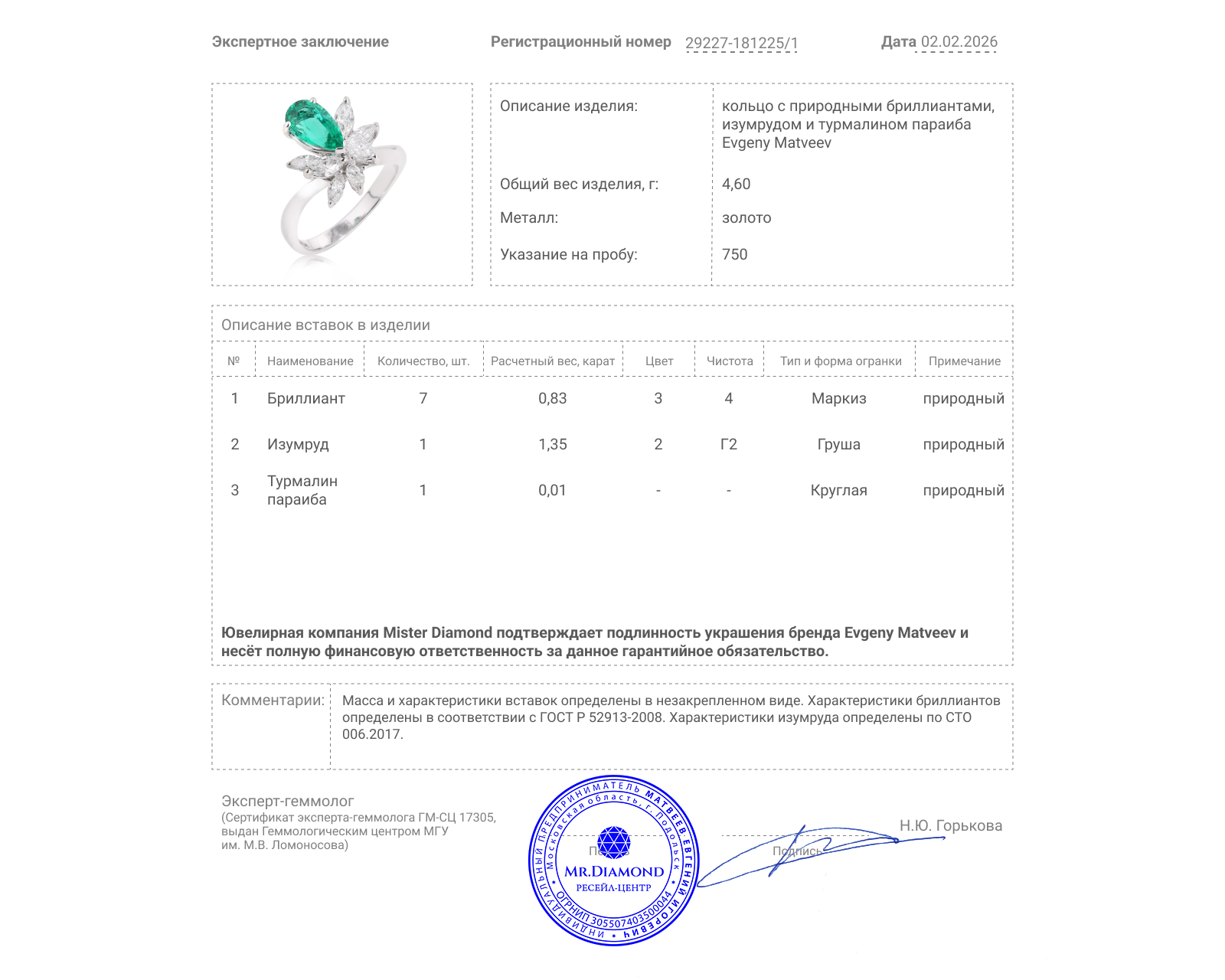 Золотое кольцо с изумрудом 1.35ct и бриллиантами 0.83ct Evgeny Matveev