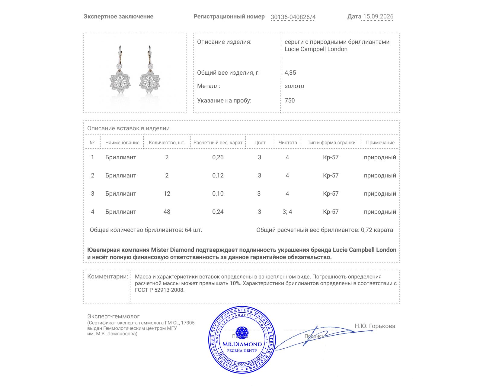 Оригинальные золотые серьги с бриллиантами 0.72ct Lucie Campbell London