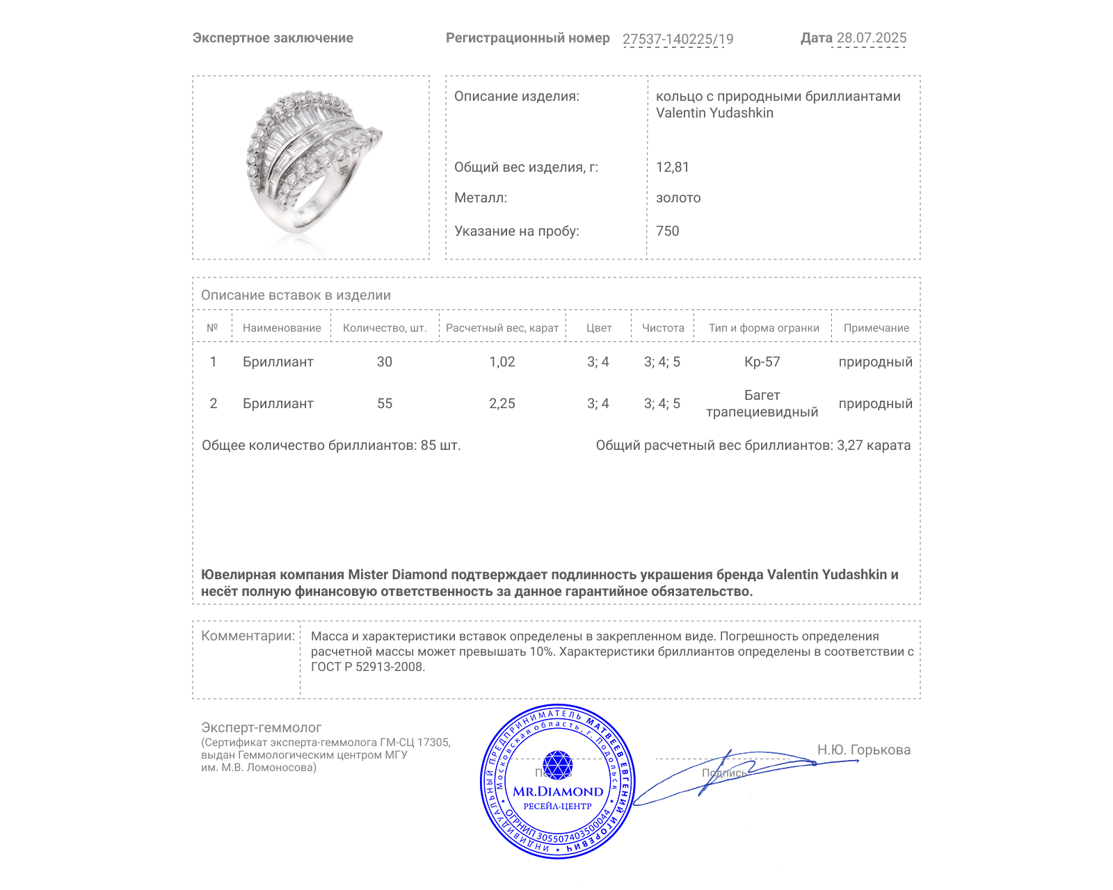 Оригинальное золотое кольцо с бриллиантами 3.27ct Valentin Yudashkin