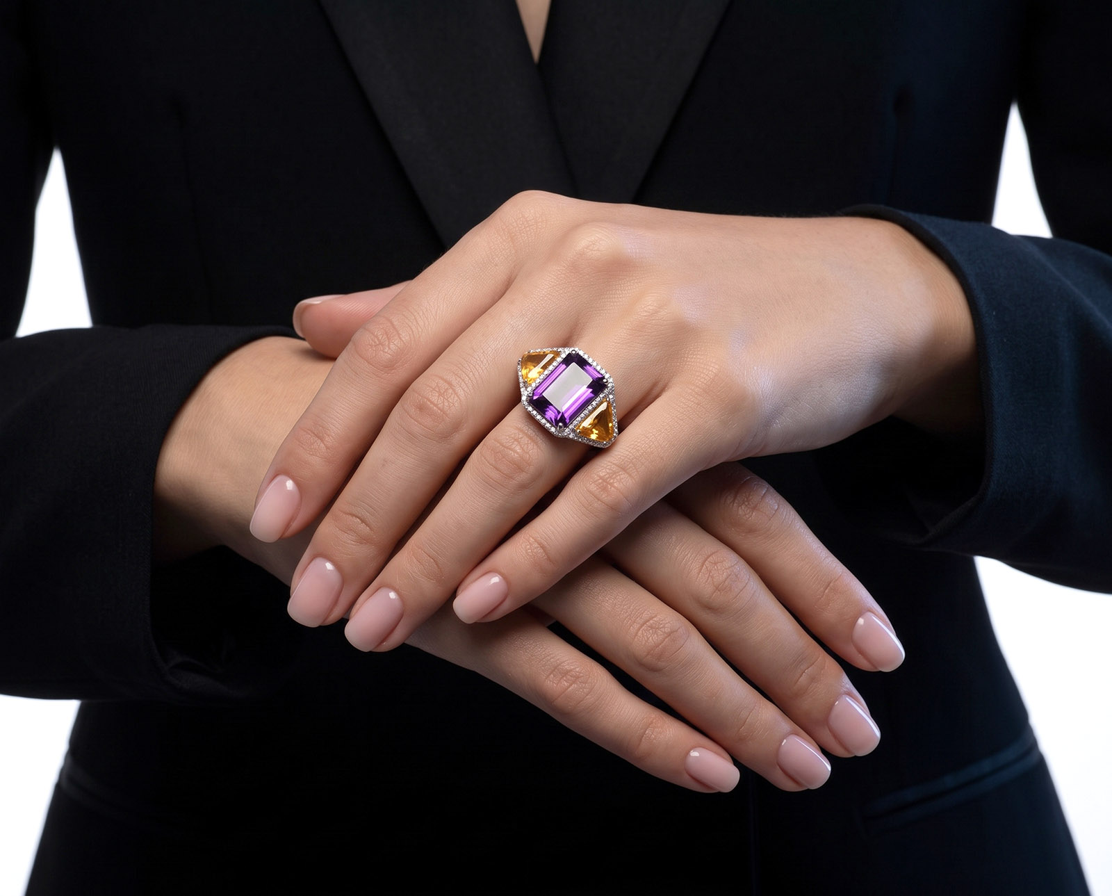 Оригинальное золотое кольцо с аметистом 10.72ct и цитринами 5.20ct Lykov`s Jewellery
