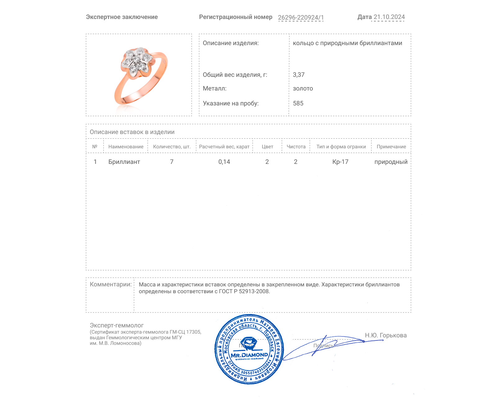 Золотое кольцо с бриллиантами 0.14ct