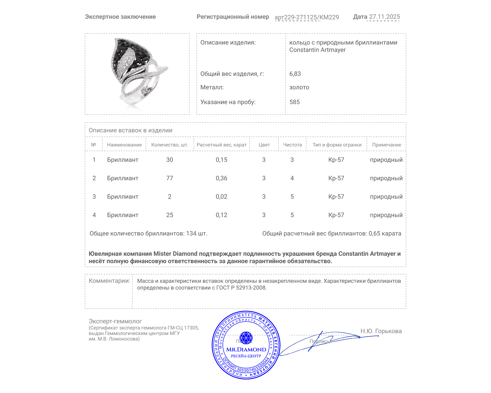 Оригинальное золотое кольцо с бриллиантами 0.65ct Constantin Artmayer