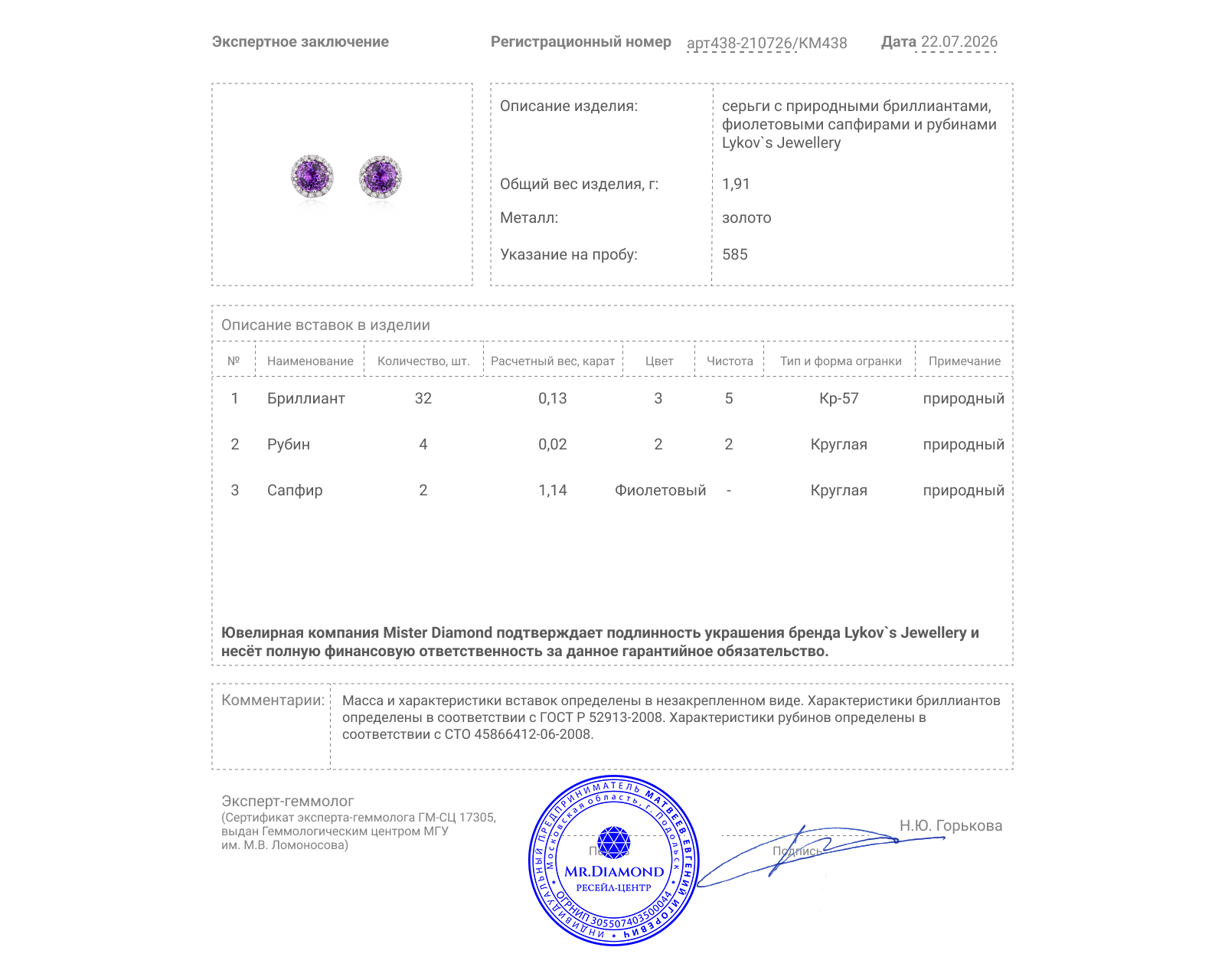 Оригинальные золотые серьги с сапфирами 1.14ct Lykov`s Jewellery