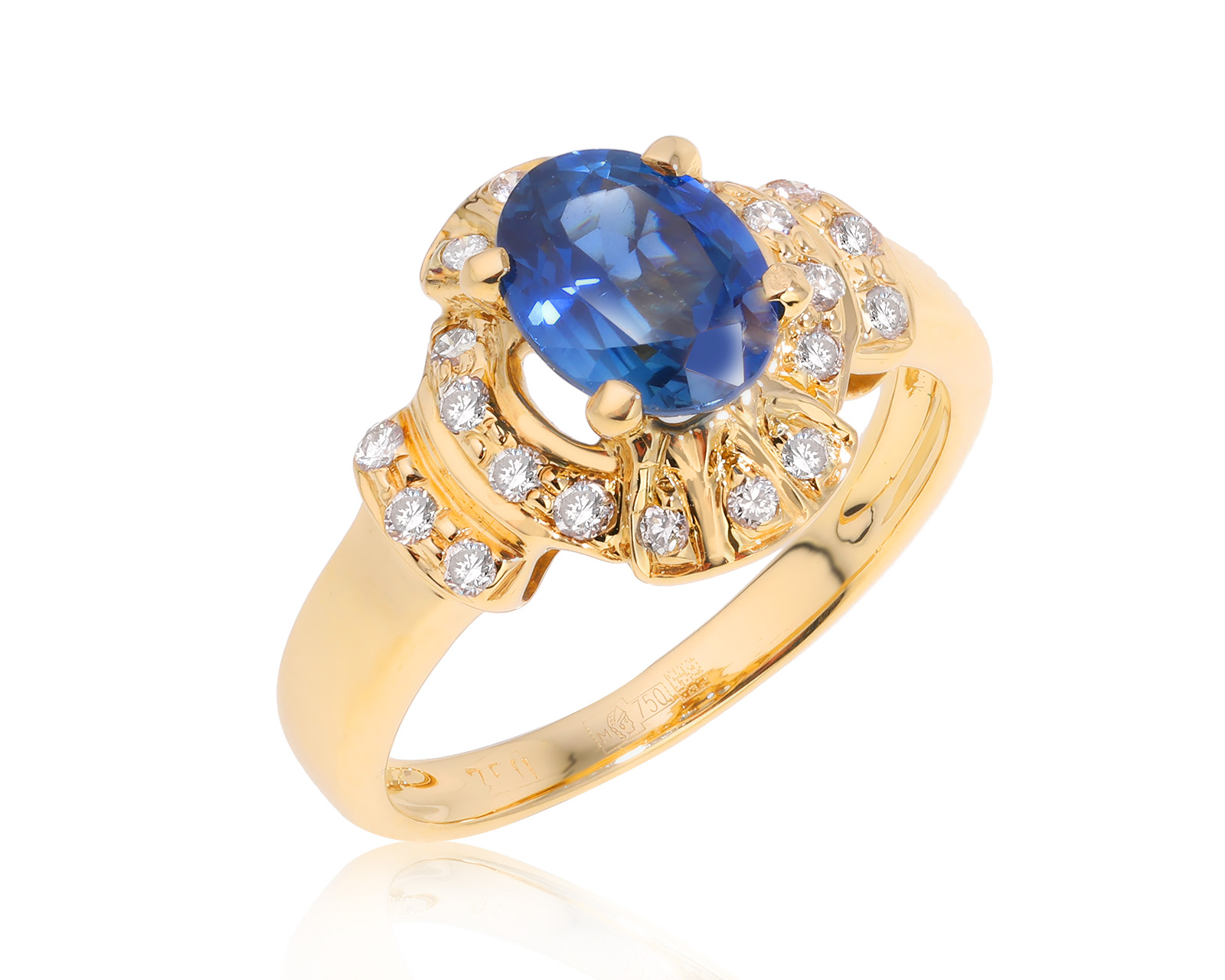 Золотое кольцо с сапфиром 1.55ct и бриллиантами 0.20ct 281024/1