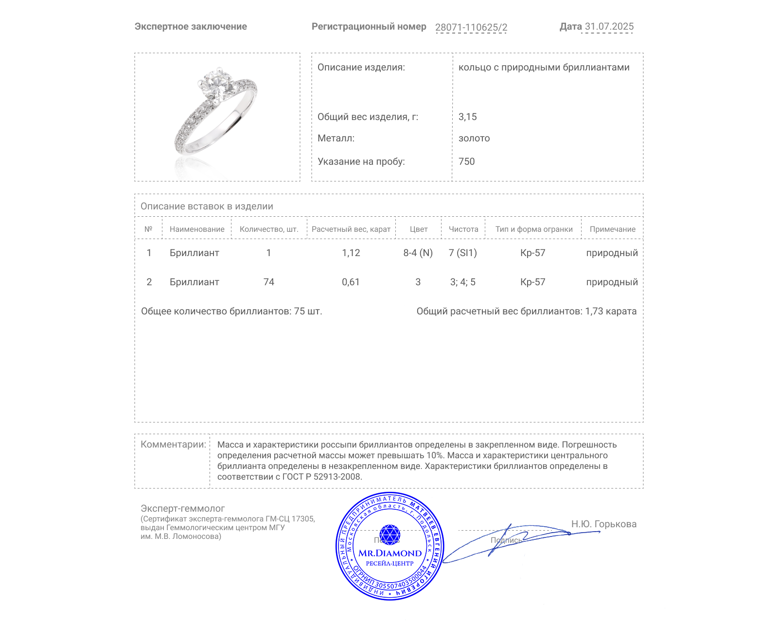 Золотое кольцо с бриллиантами 1.73ct