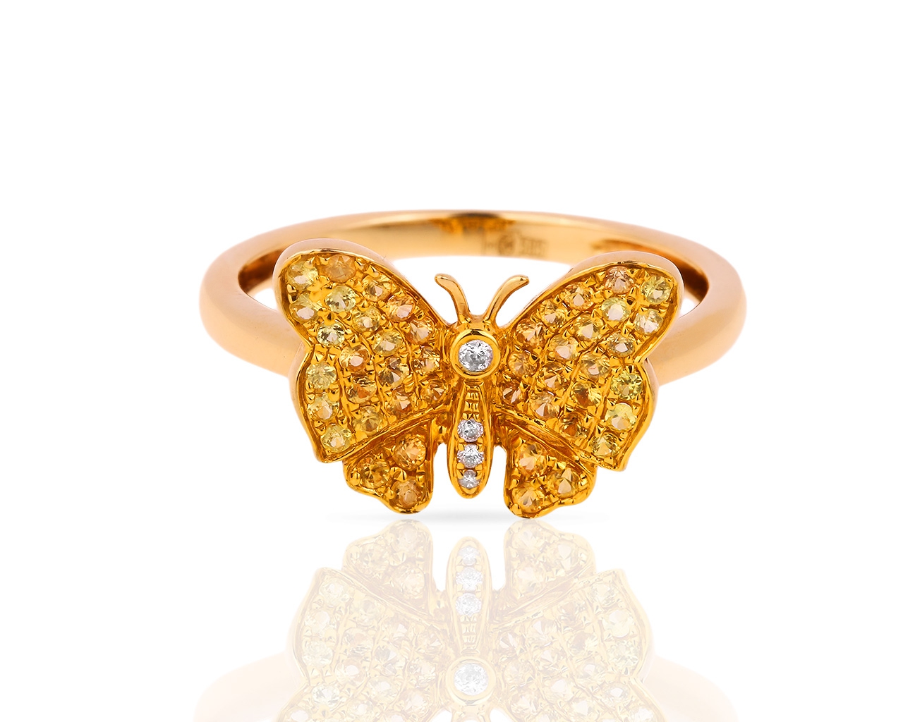 Интересное золотое кольцо с бриллиантами и сапфирами