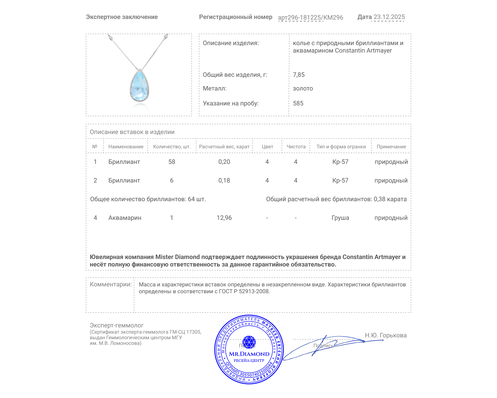 Оригинальное золотое колье с аквамарином 12.96ct Constantin Artmayer