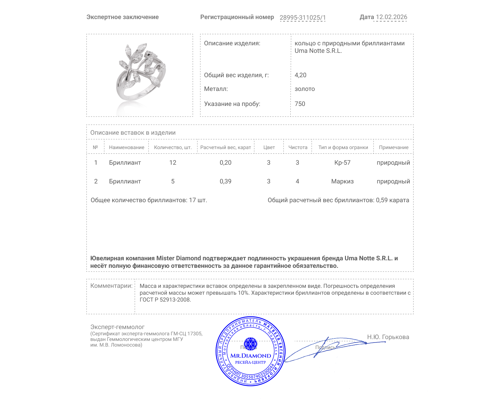Оригинальное золотое кольцо с бриллиантами 0.59ct Uma Notte S.R.L.