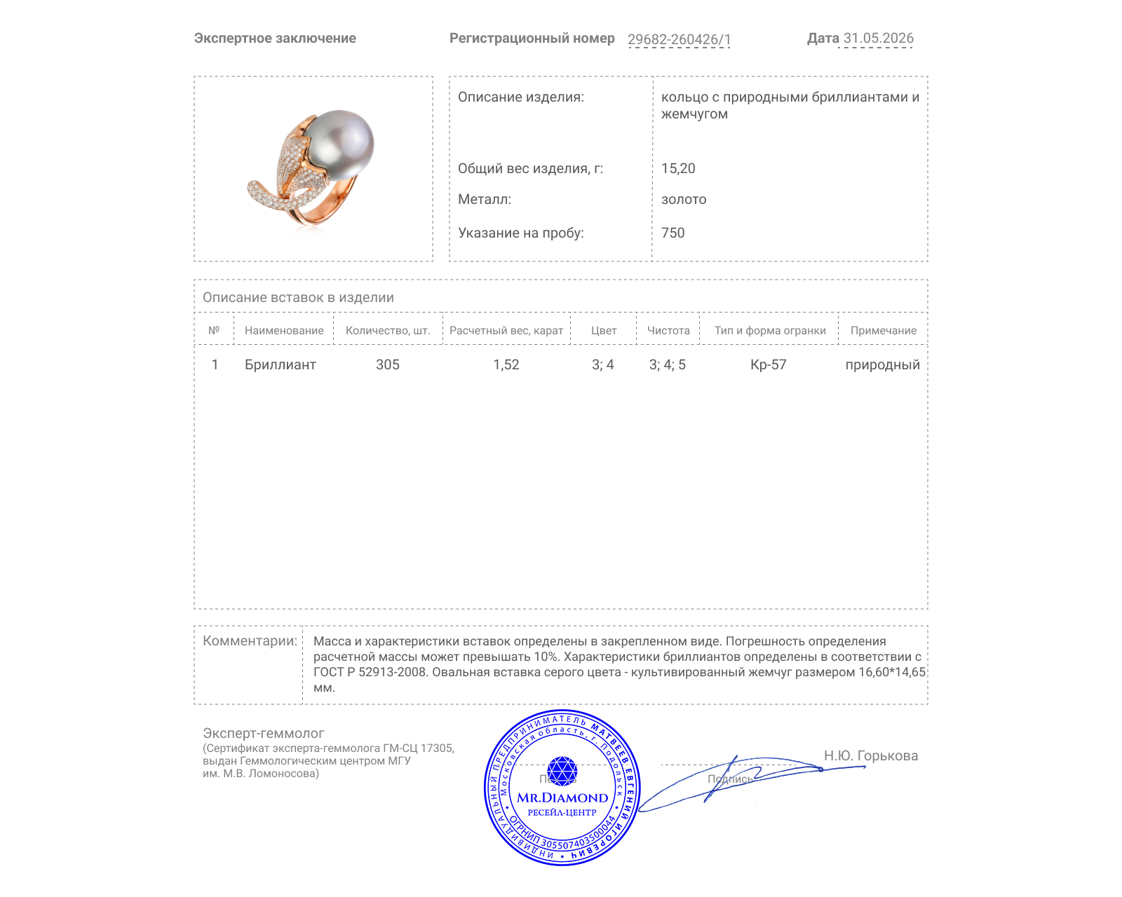 Золотое кольцо с жемчугом и бриллиантами 1.52ct