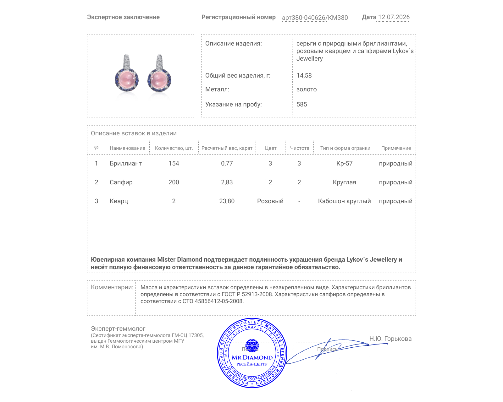 Оригинальные золотые серьги с розовыми кварцами 23.80ct Lykov`s Jewellery