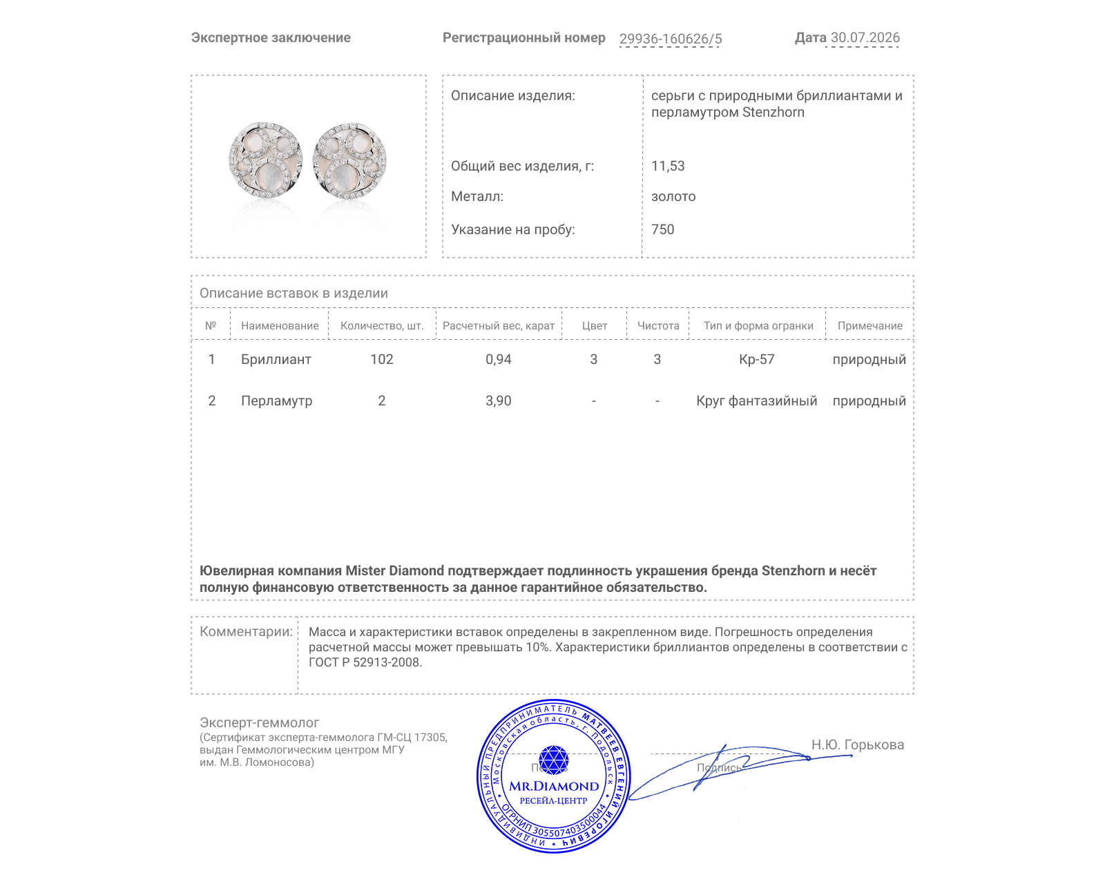 Оригинальные золотые серьги с перламутром 3.90ct Stenzhorn