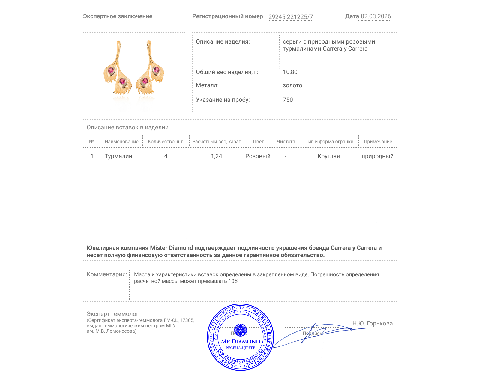 Оригинальные золотые серьги с турмалинами 1.24ct Carrera y Carrera Peacock