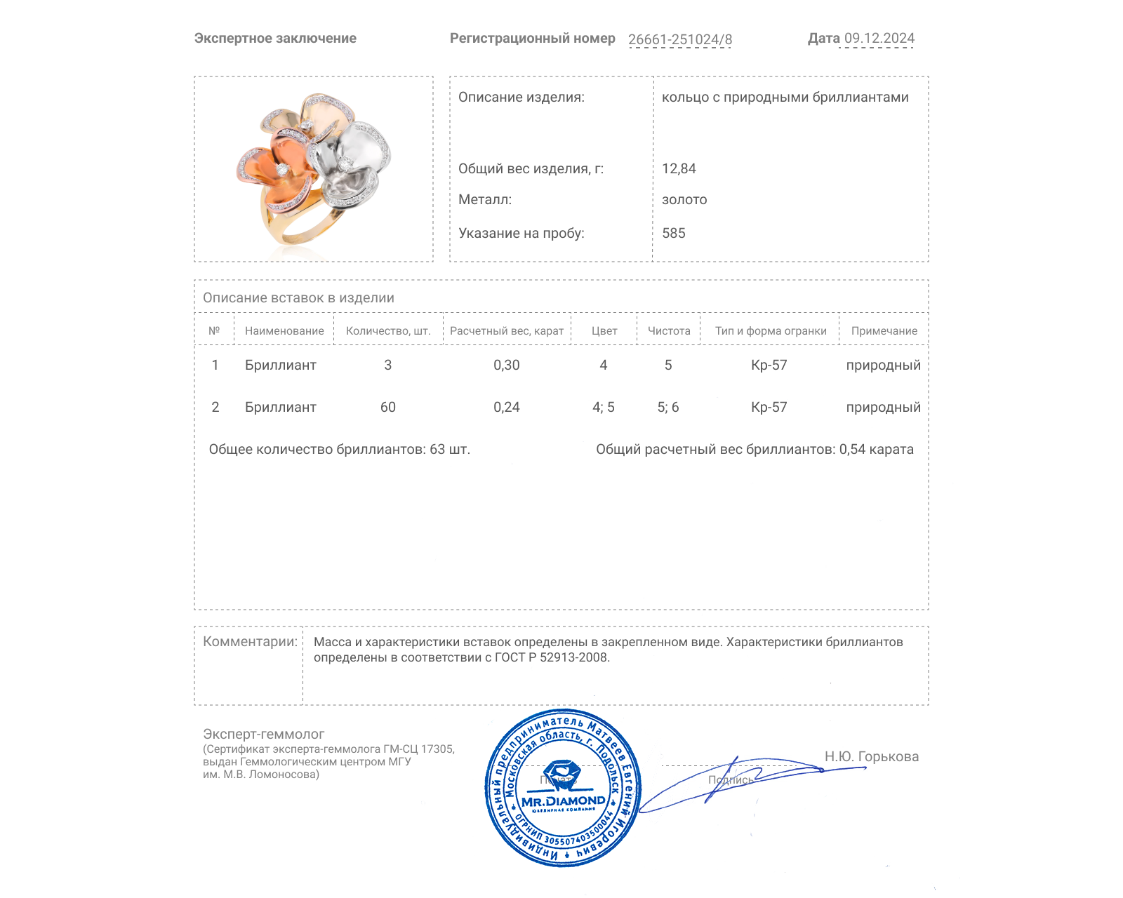 Золотое кольцо с бриллиантами 0.54ct