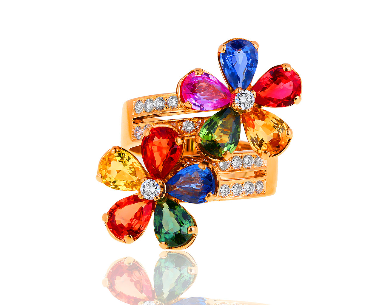 Золотое кольцо с цветными сапфирами 6.80ct и бриллиантами 0.72ct