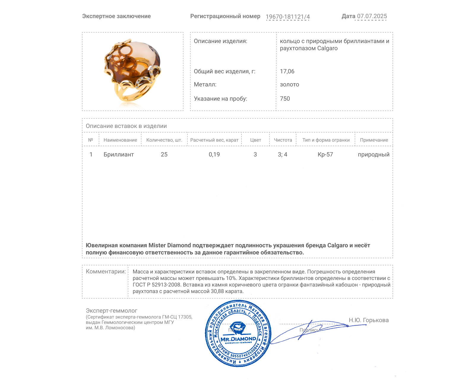 Оригинальное золотое кольцо с раухтопазом 30.88ct Calgaro