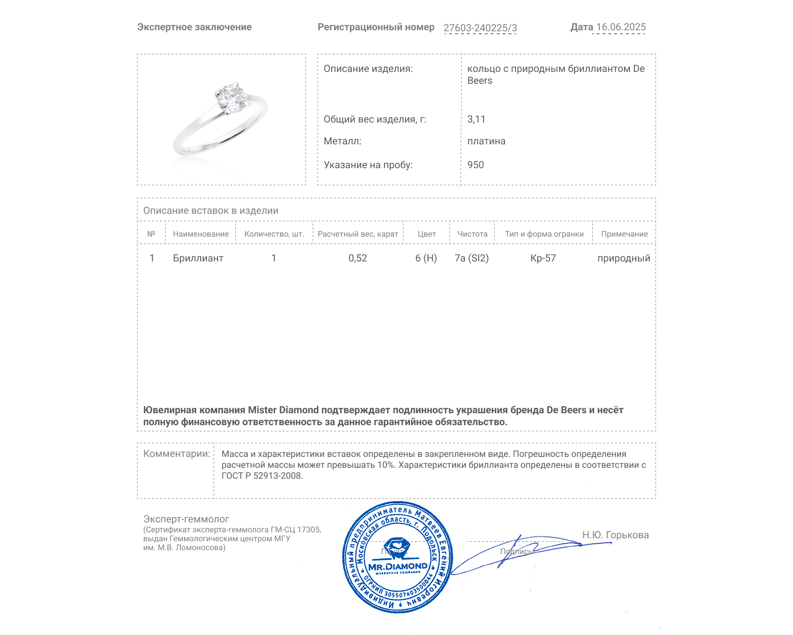 Оригинальное платиновое кольцо с бриллиантом 0.52ct De Beers