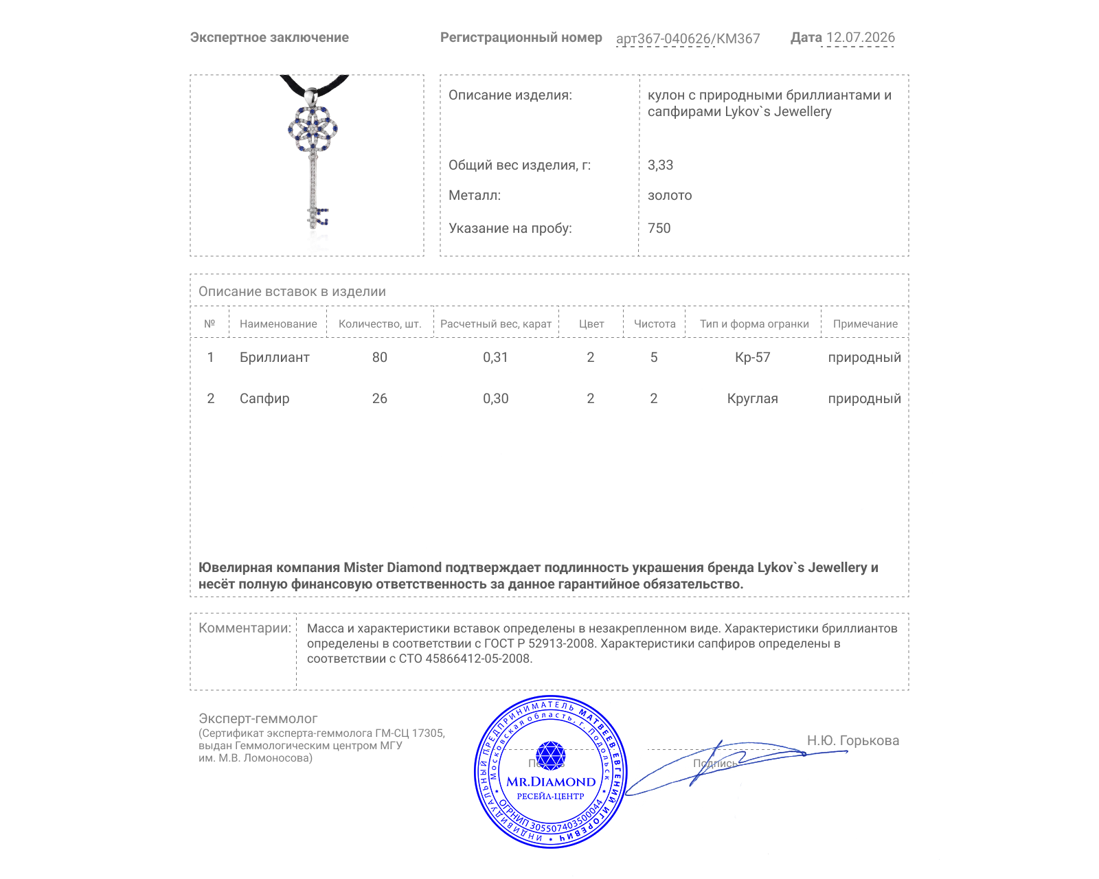Оригинальный золотой кулон с сапфирами 0.30ct Lykov`s Jewellery
