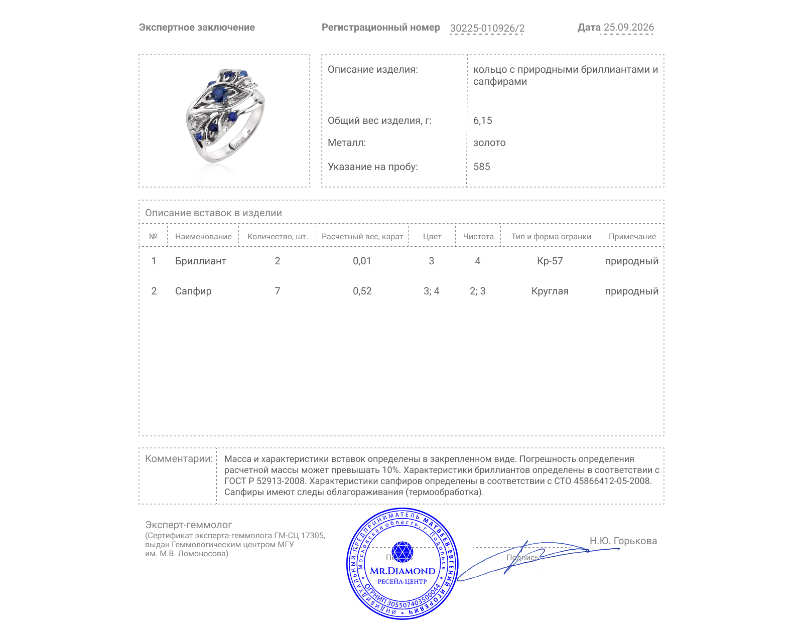 Золотое кольцо с сапфирами 0.52ct и бриллиантами 0.01ct