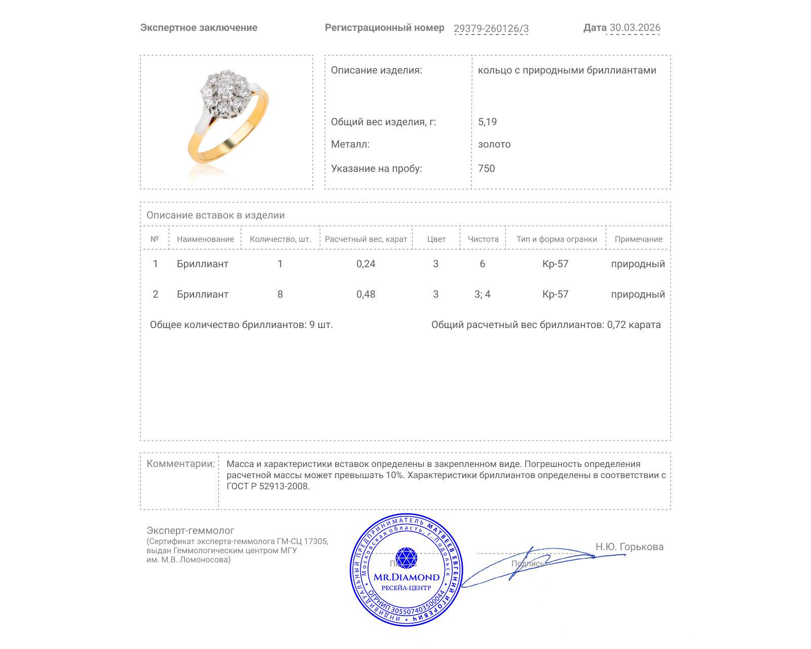 Золотое кольцо с бриллиантами 0.72ct СССР