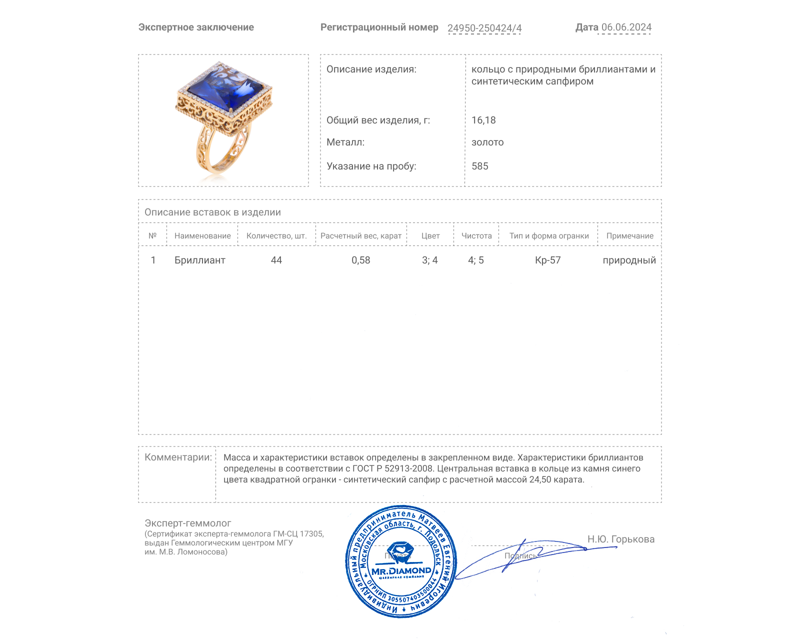 Золотое кольцо с сапфиром 24.50ct и бриллиантами 0.58ct