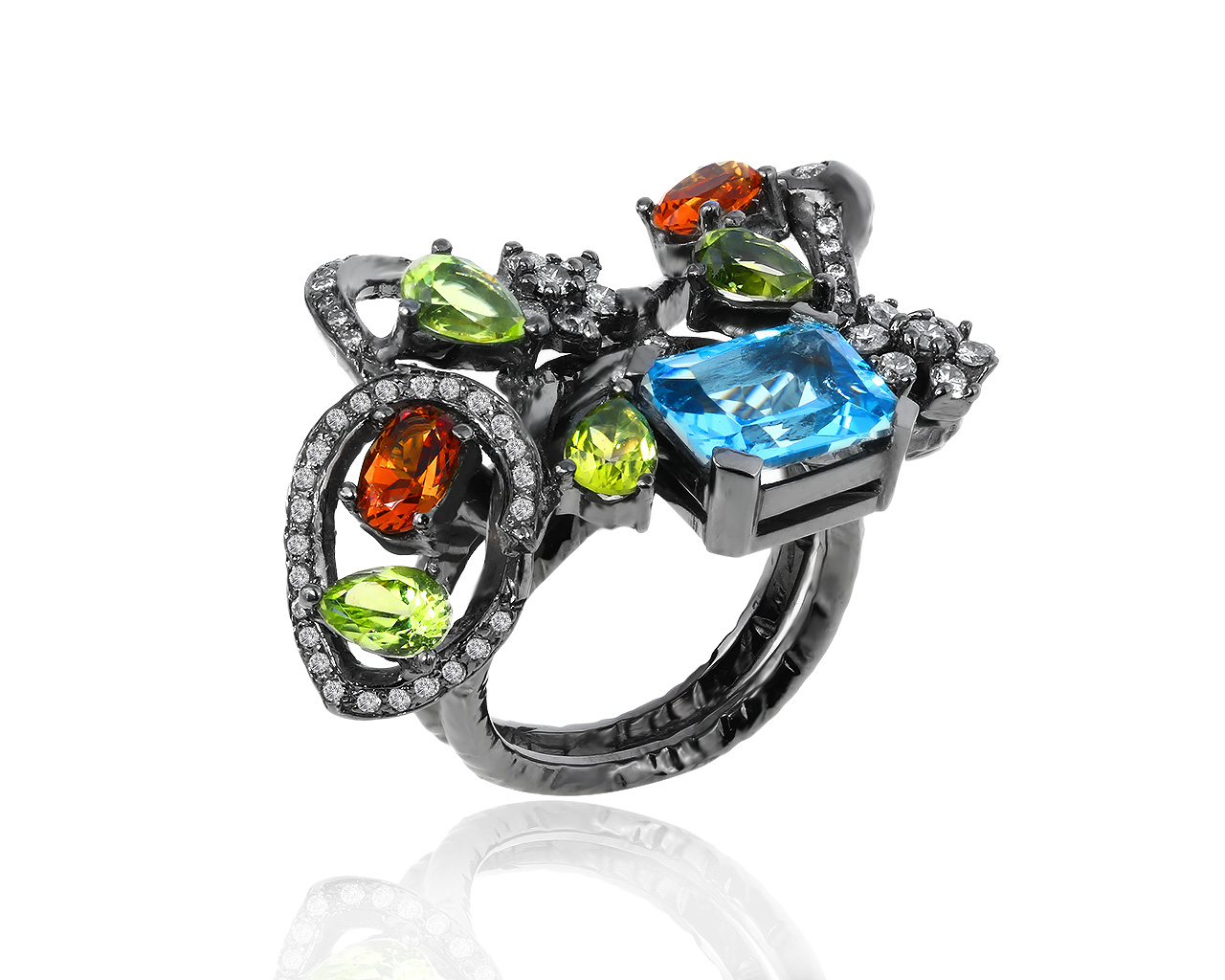 Яркое золотое кольцо с цветными камнями и бриллиантами 0.56ct 240118/1