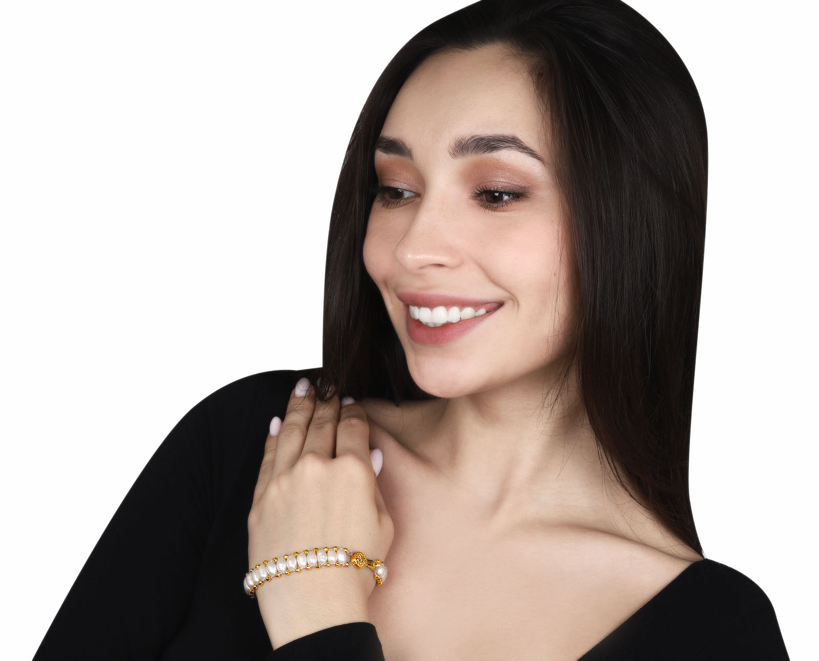 Праздничный золотой браслет с жемчугом 5.70*7.40 мм