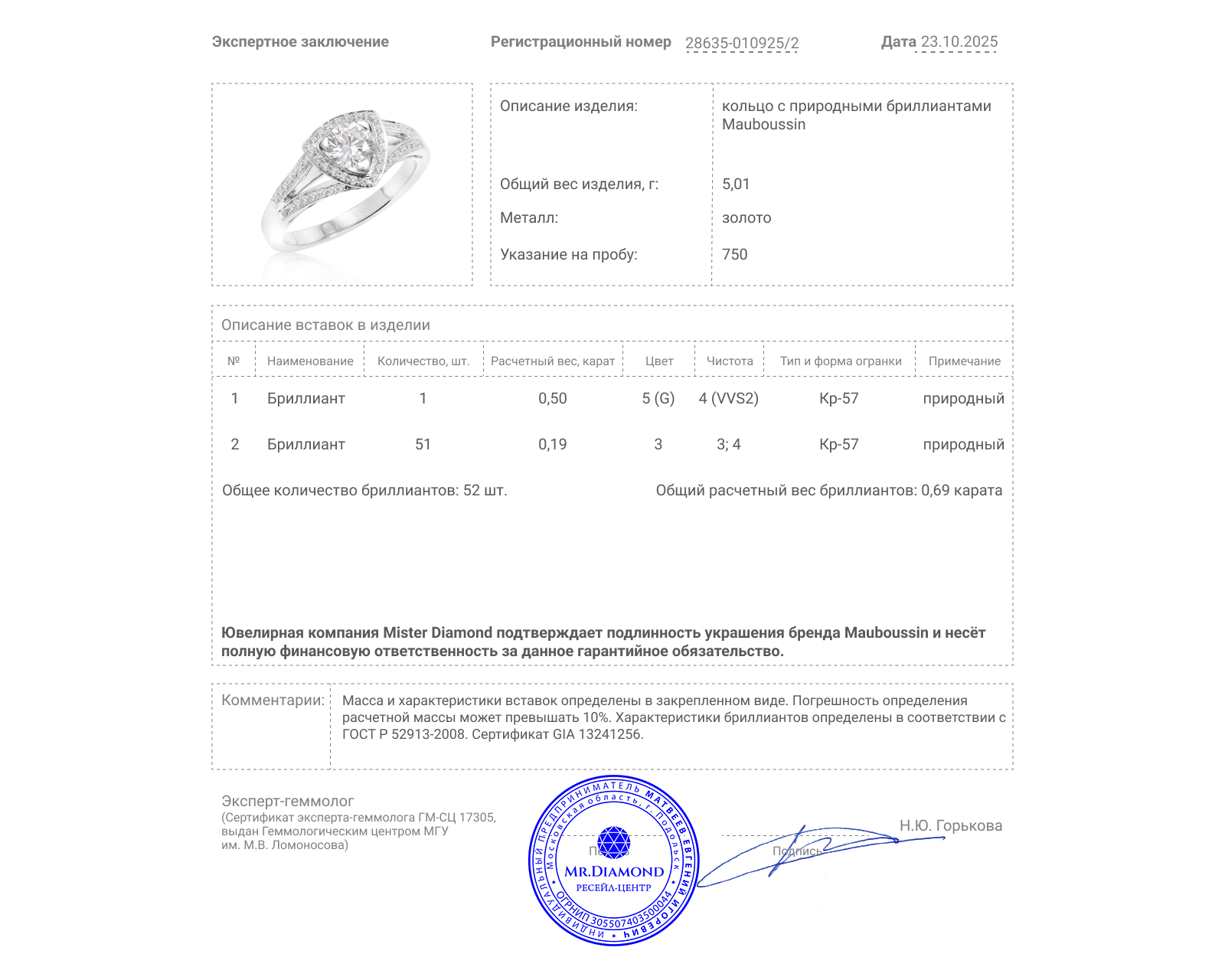 Оригинальное золотое кольцо с бриллиантами 0.69ct Mauboussin