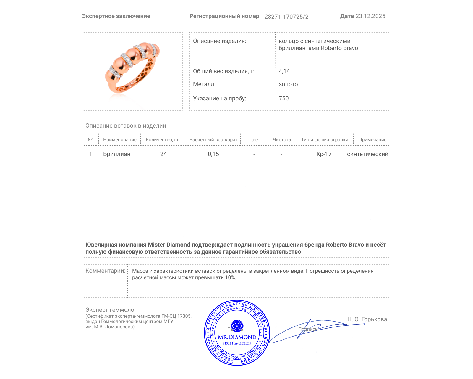 Оригинальное золотое кольцо с бриллиантами 0.15ct Roberto Bravo