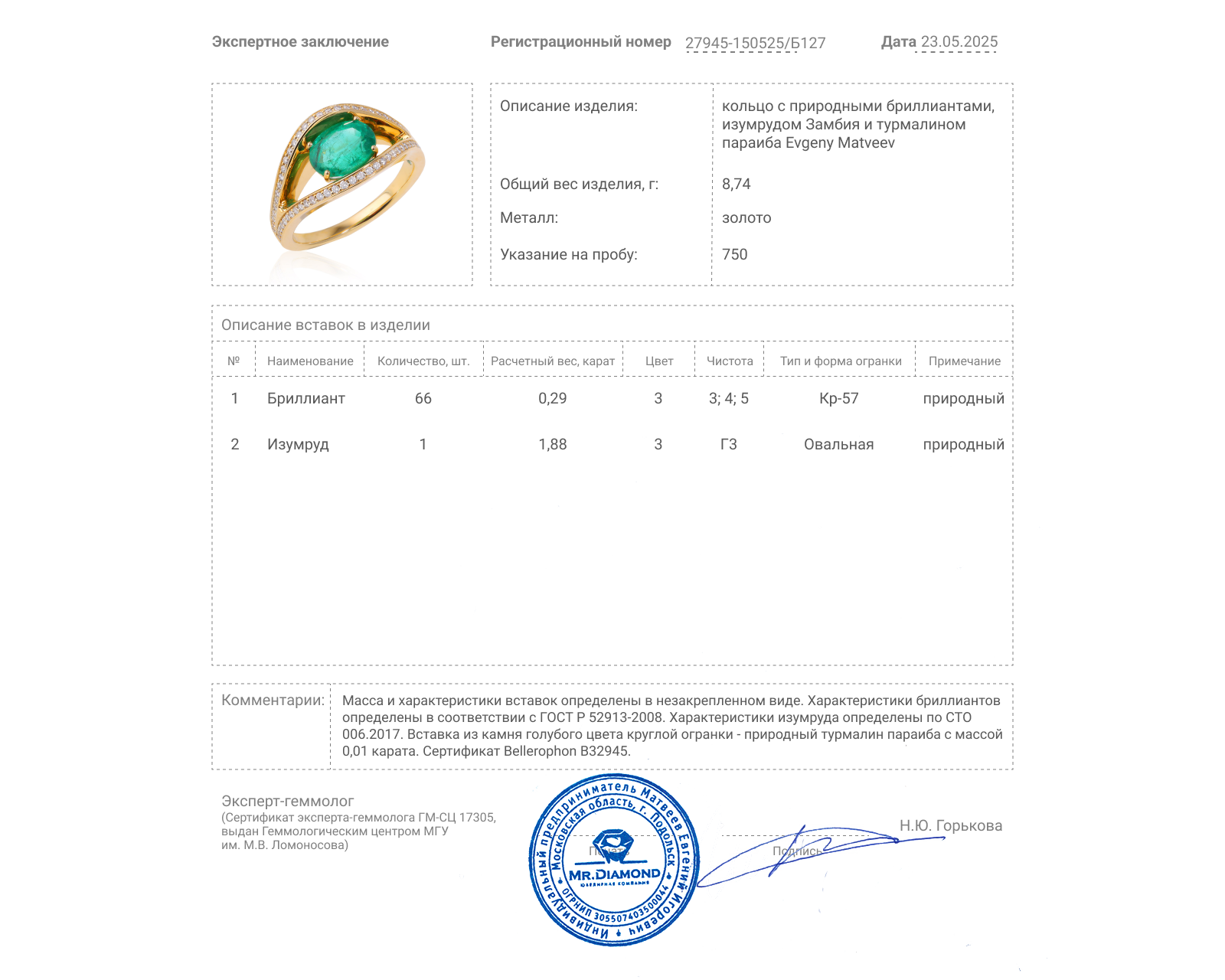 Золотое кольцо с изумрудом Замбия 1.88ct Evgeny Matveev