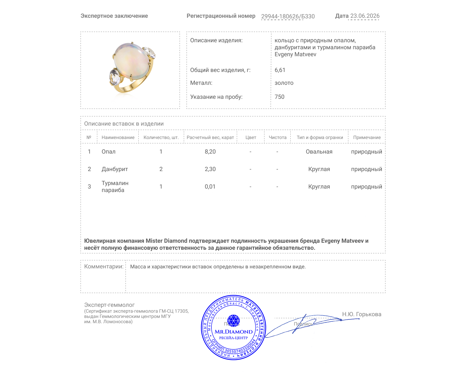 Золотое кольцо с опалом 8.20ct и данбуритами 2.30ct Evgeny Matveev